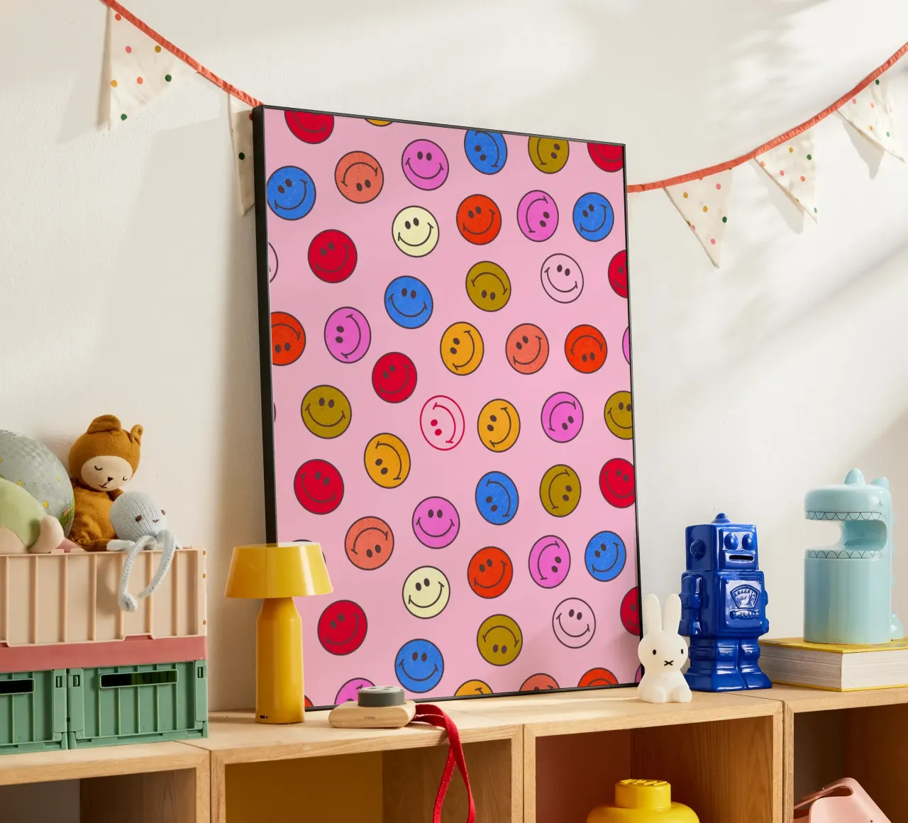 Retro Smiley Faces Seamless Pattern - Neon Colors alluminio dibond da showmemars