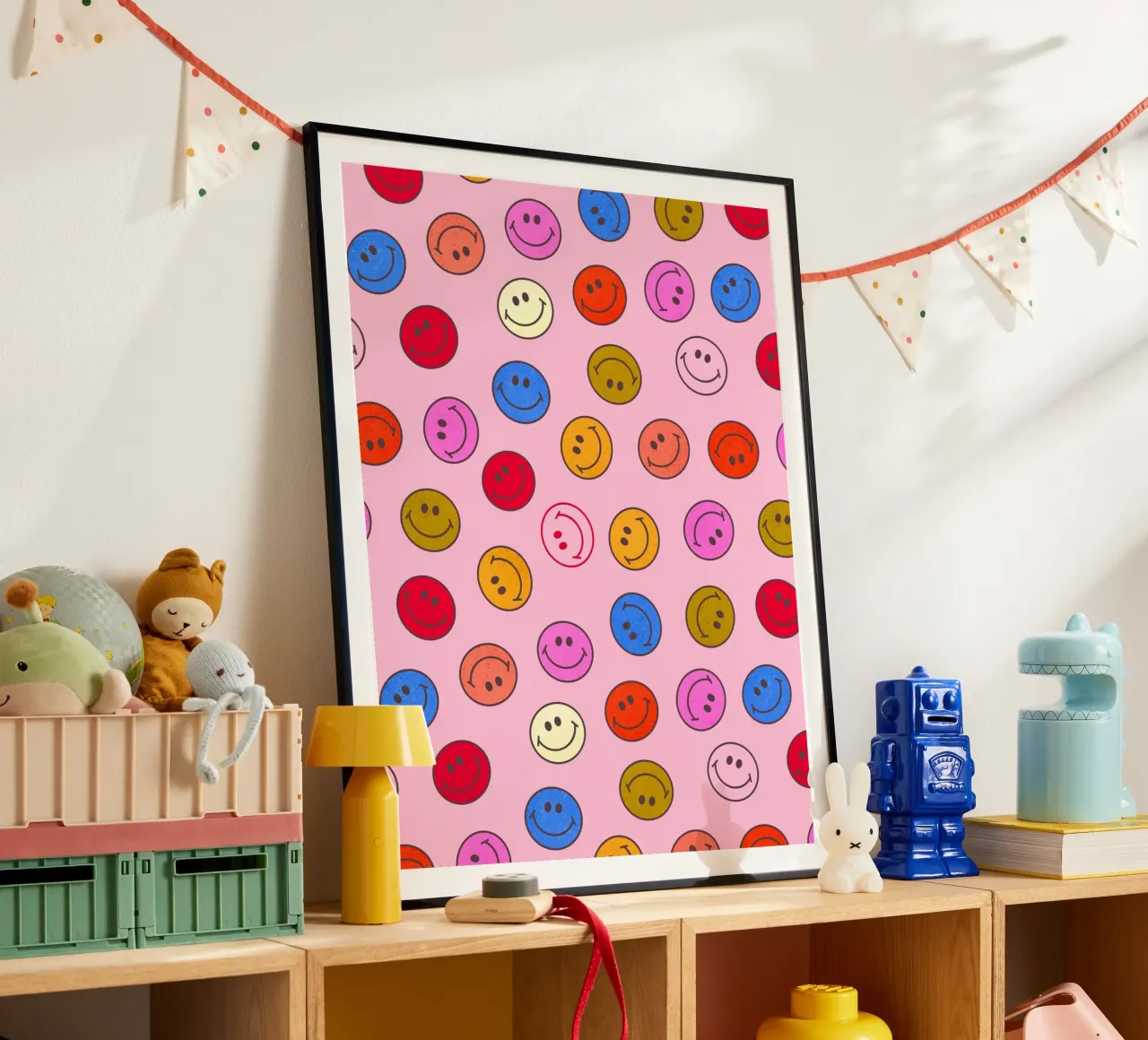 Retro Smiley Faces Seamless Pattern - Neon Colors poster da showmemars