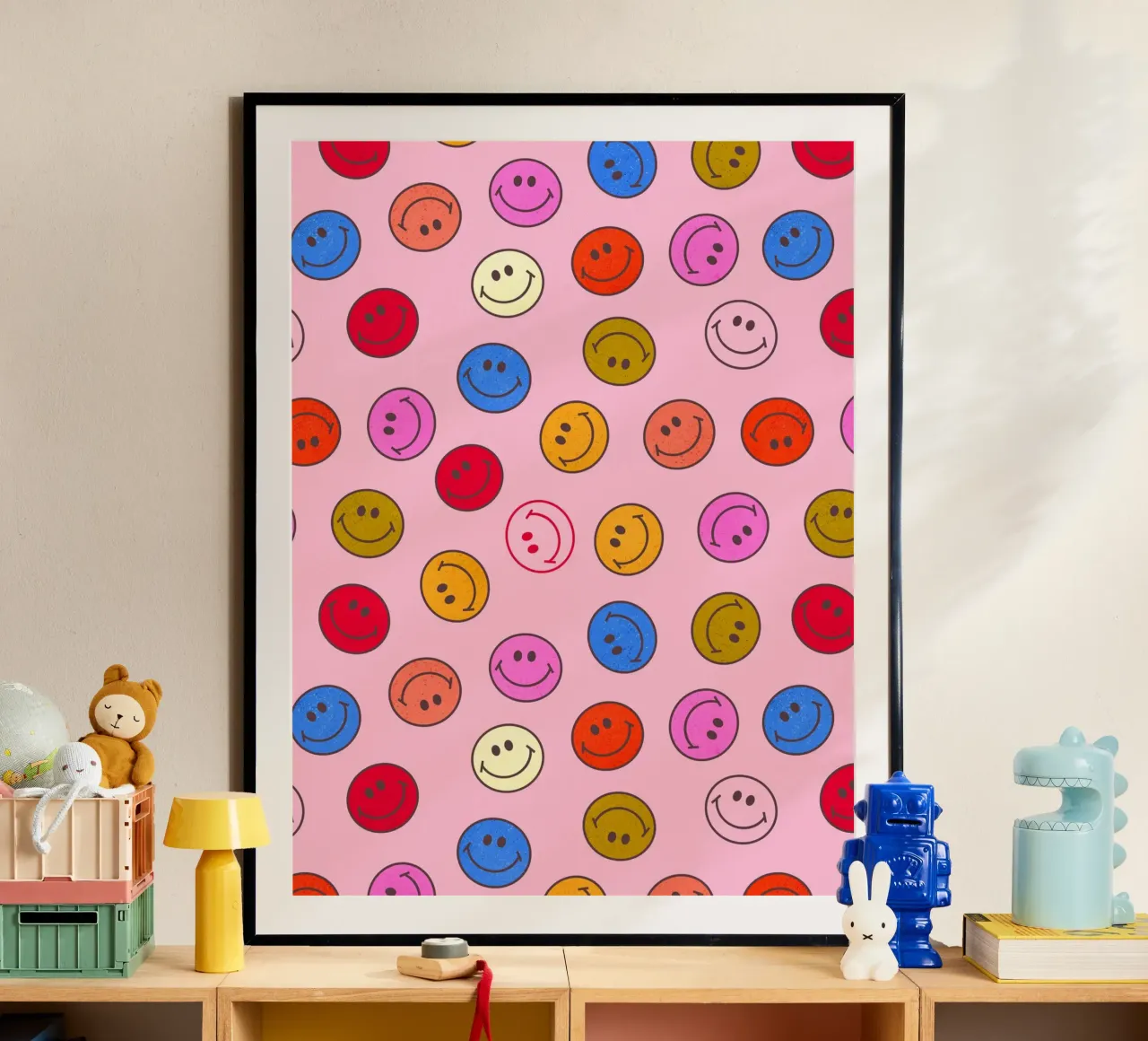 Retro Smiley Faces Seamless Pattern - Neon Colors poster da showmemars