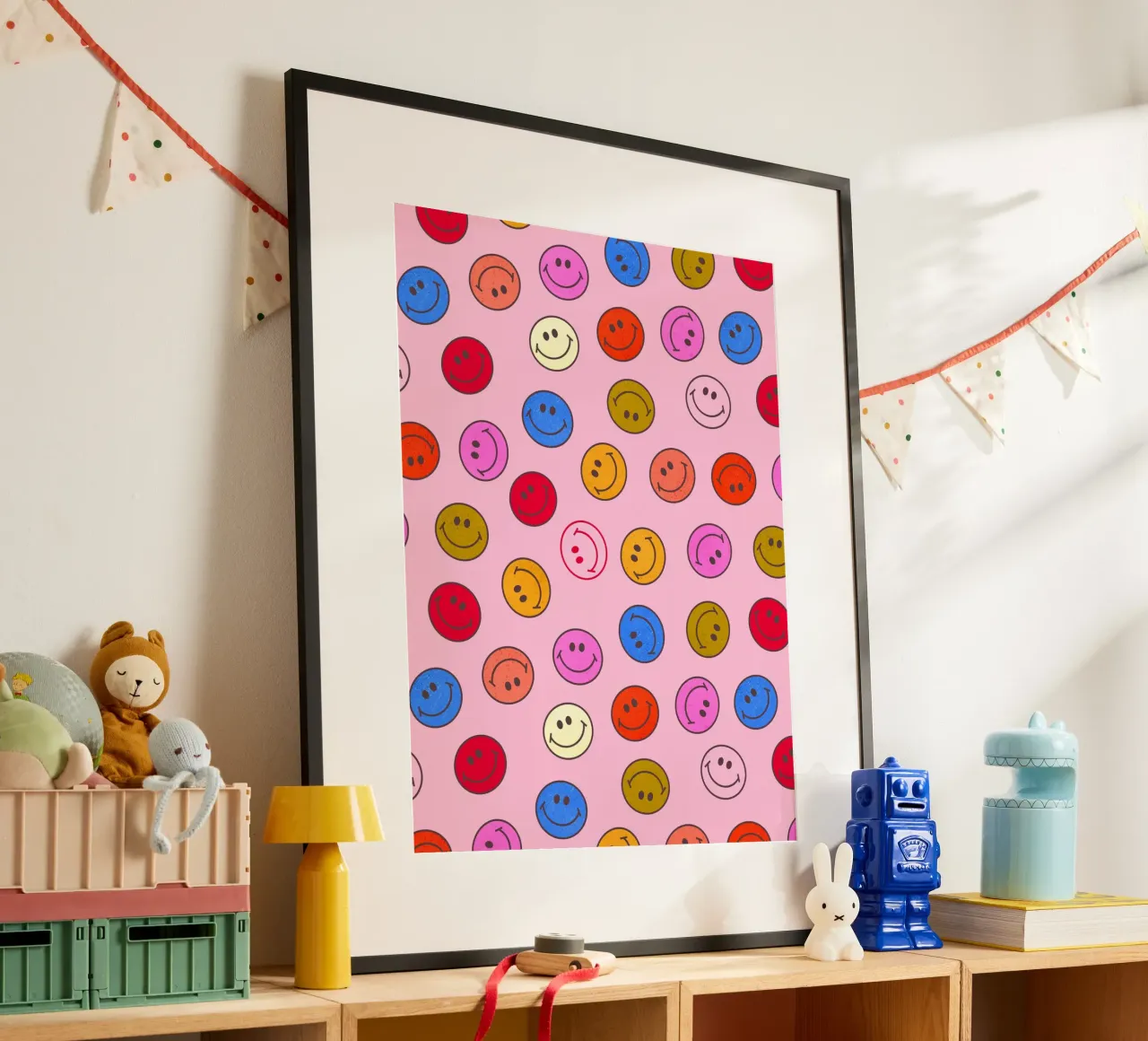 Retro Smiley Faces Seamless Pattern - Neon Colors poster da showmemars