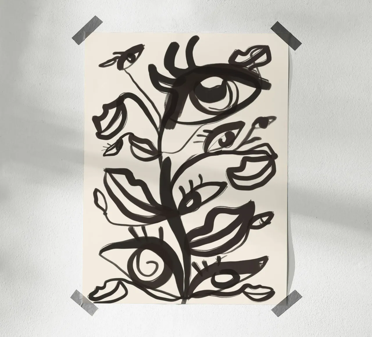 Yeux abstraits en dessin au trait poster avec cadre en bois de ThingDesign