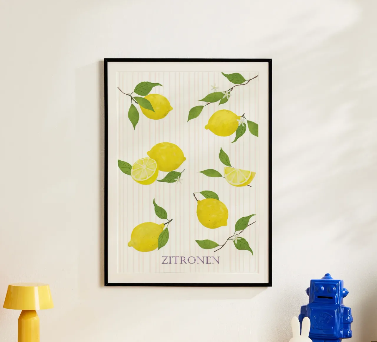 Limoni con foglie e fiori poster con telaio in legno da Farbwelten