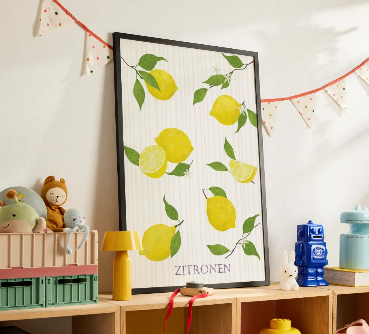 Limoni con foglie e fiori poster con telaio in legno da Farbwelten