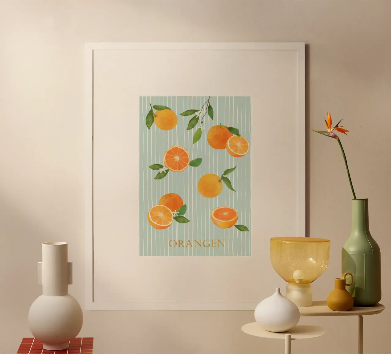 Arance con foglie e fiori poster con telaio in alluminio da Farbwelten