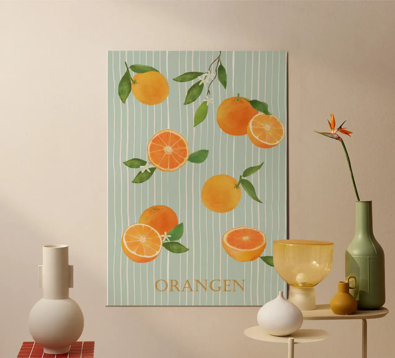 Arance con foglie e fiori poster con telaio in alluminio da Farbwelten