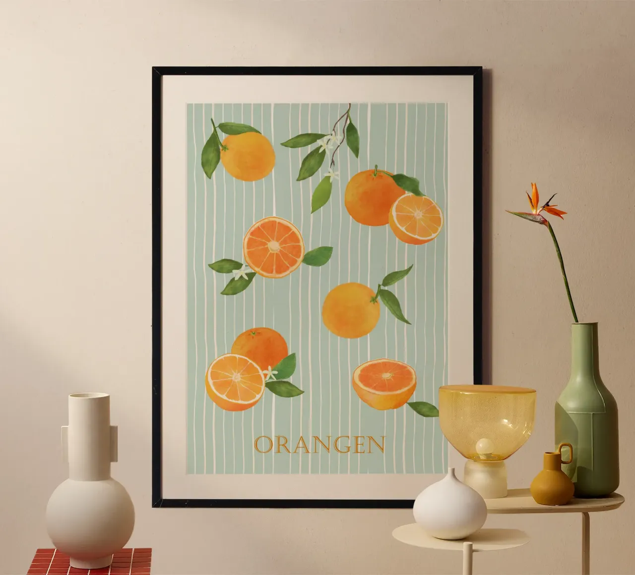 Arance con foglie e fiori poster con telaio in alluminio da Farbwelten