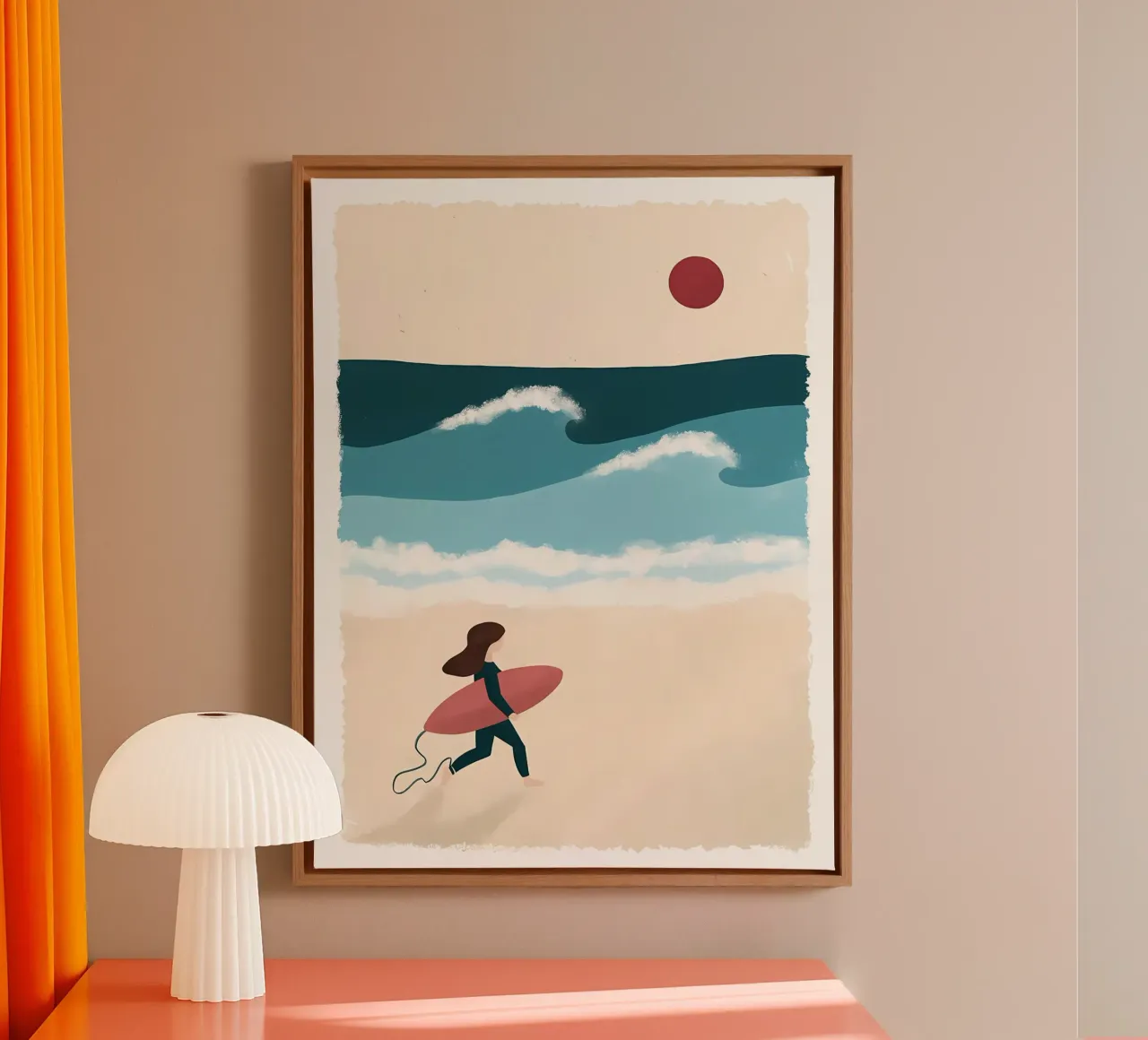 Illustrazione sport ragazza surf e oceano tela con Cornice a cassetta da bonglantrungmuoi