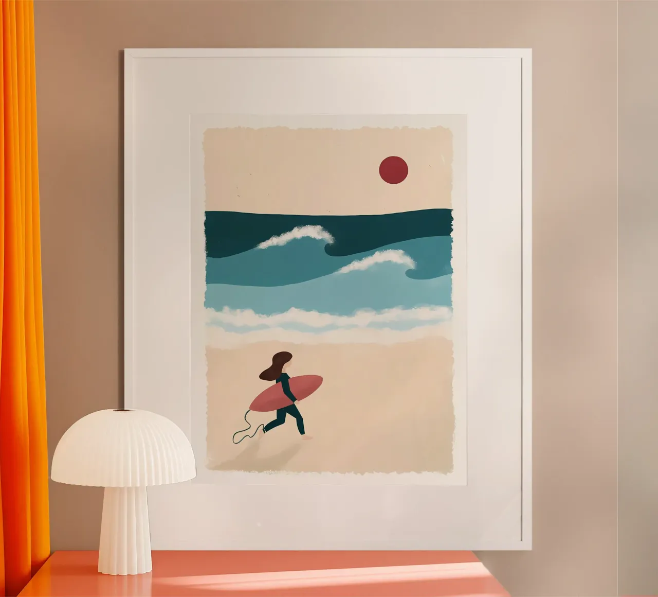 Illustrazione sport ragazza surf e oceano poster con telaio in plastica da bonglantrungmuoi