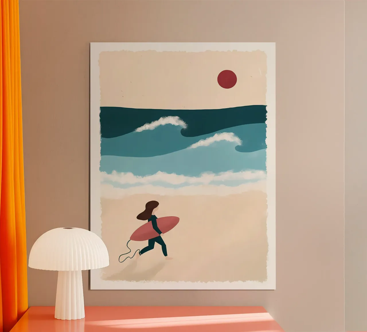 Illustrazione sport ragazza surf e oceano poster con telaio in plastica da bonglantrungmuoi