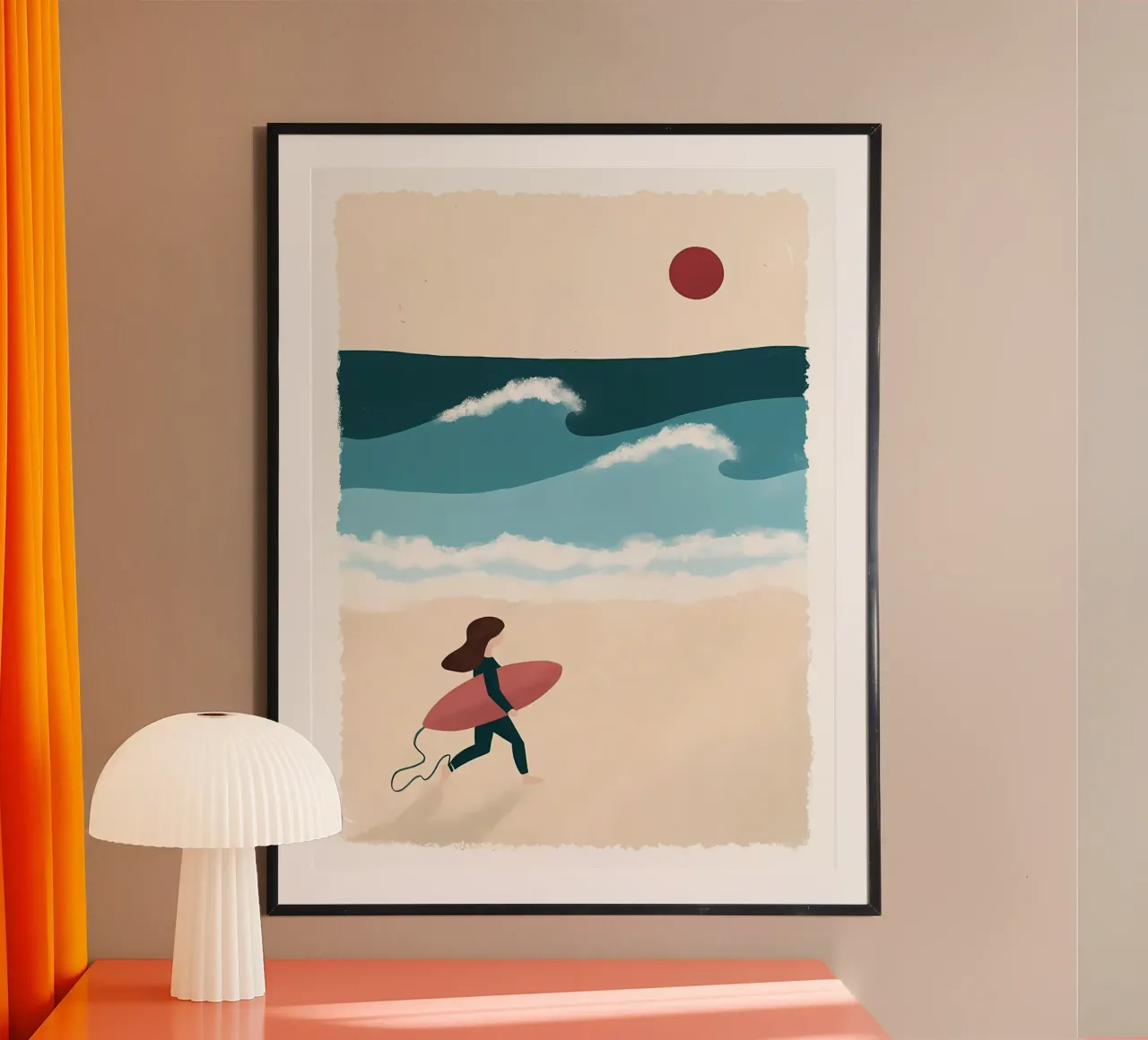 Illustrazione sport ragazza surf e oceano poster con telaio in plastica da bonglantrungmuoi