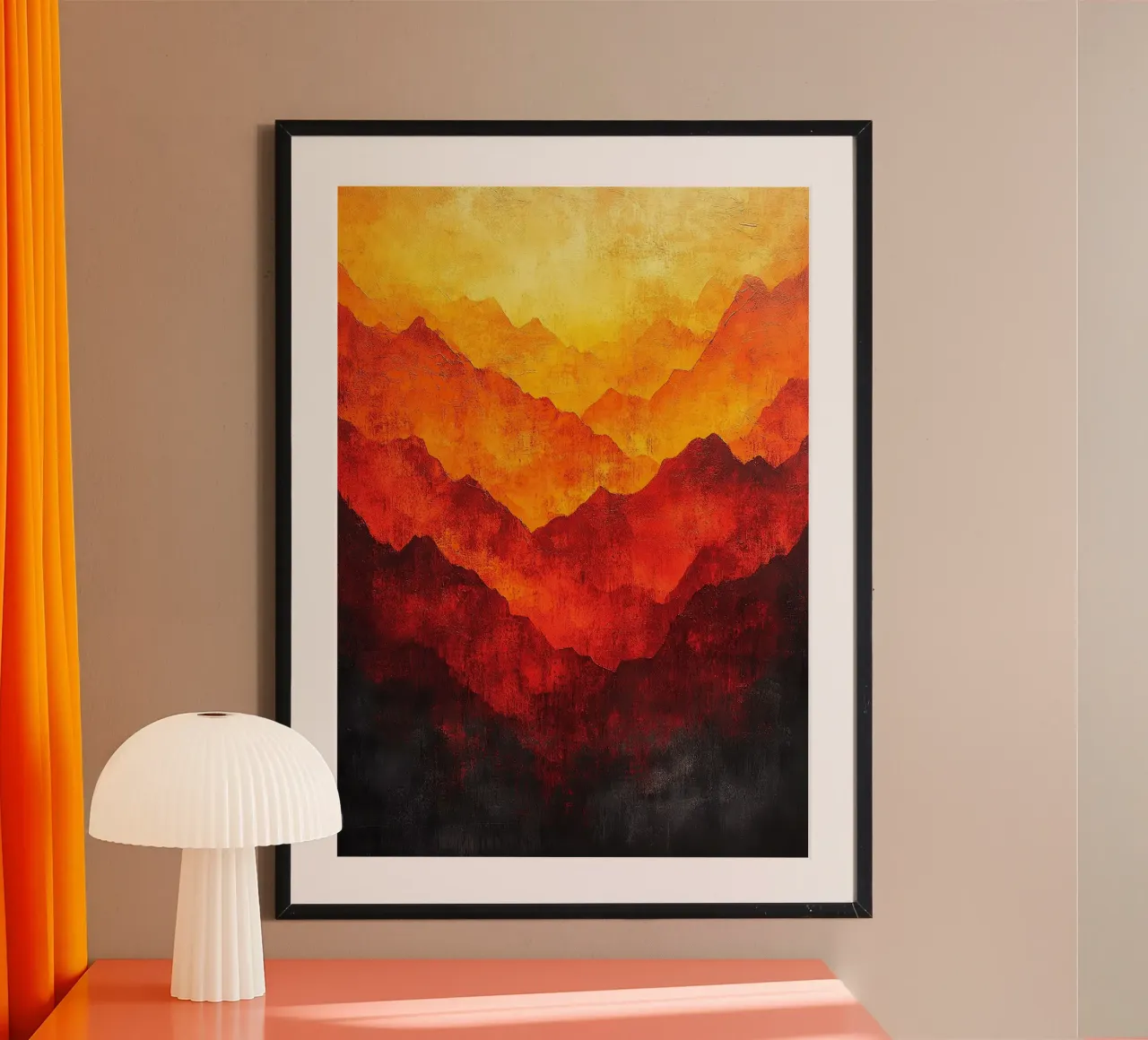 Montagna di fuoco poster con telaio in legno da Nikis Art Studio