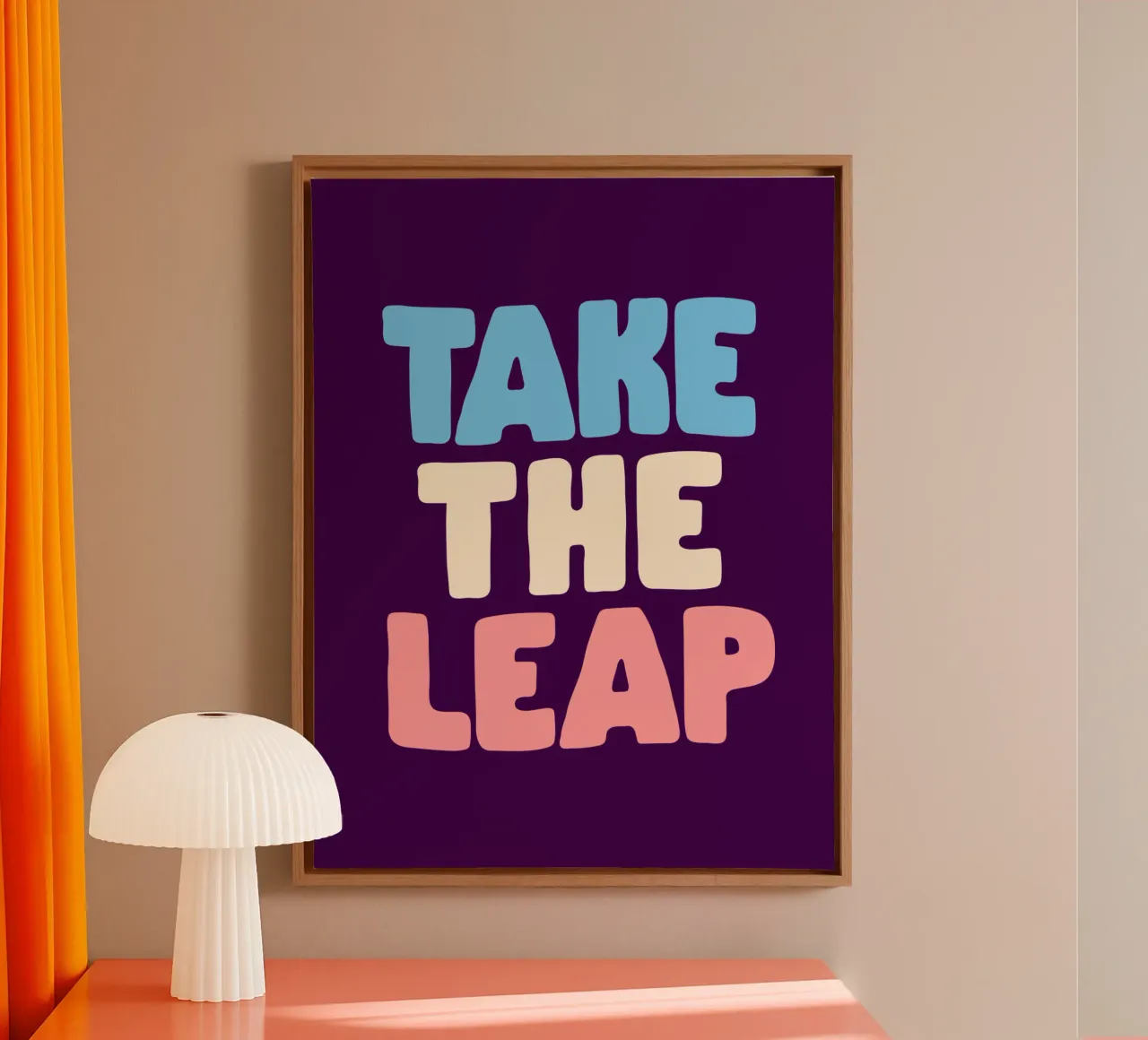 Take the Leap Vibrant Motivational Typography Zitat Leinwand mit Schattenfugenrahmen von THE MOTIVATED TYPE