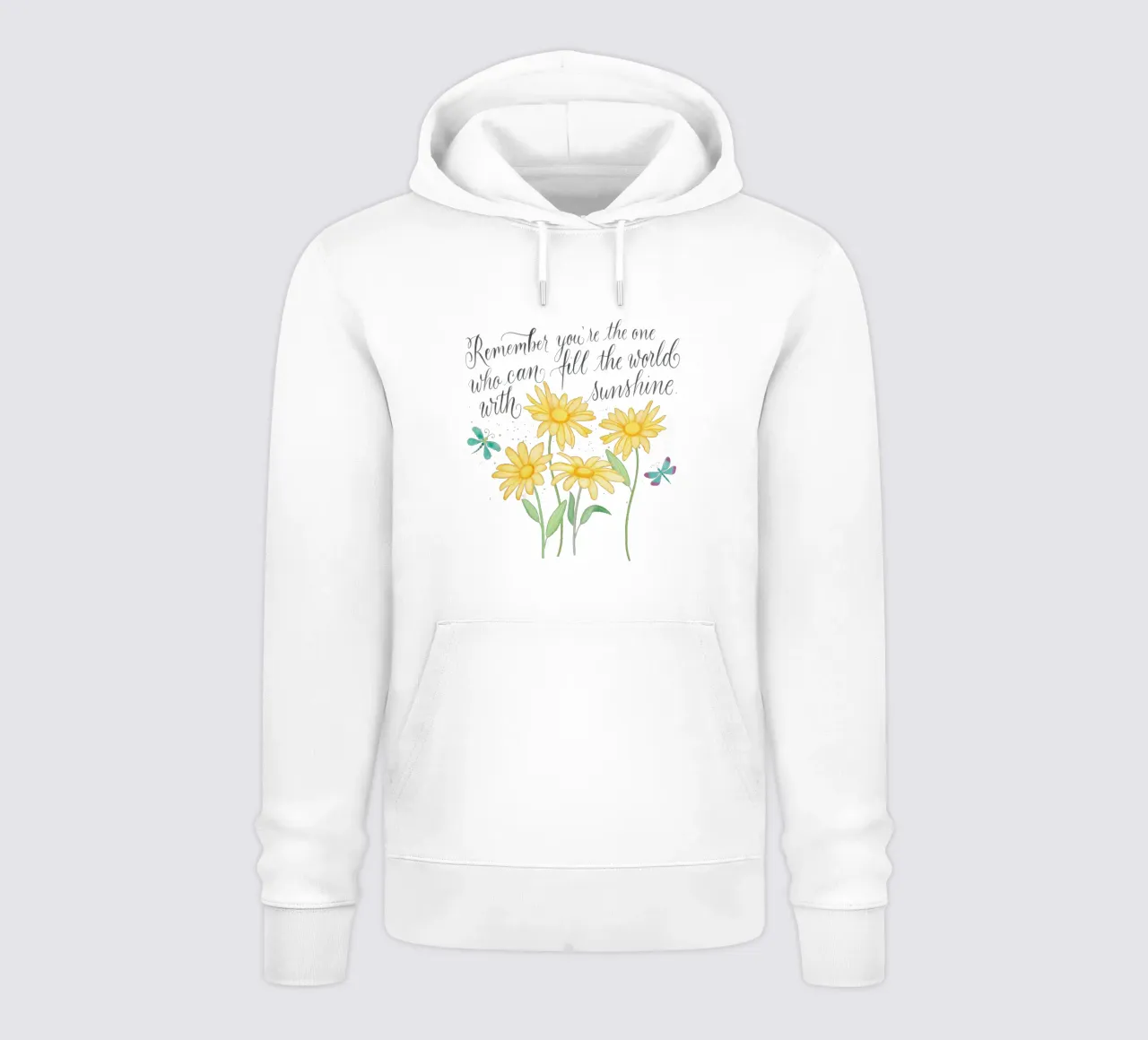 Flores delicadas con libélulas. Vibraciones positivas con rayos de sol. sudadera con capucha de CalliLetters