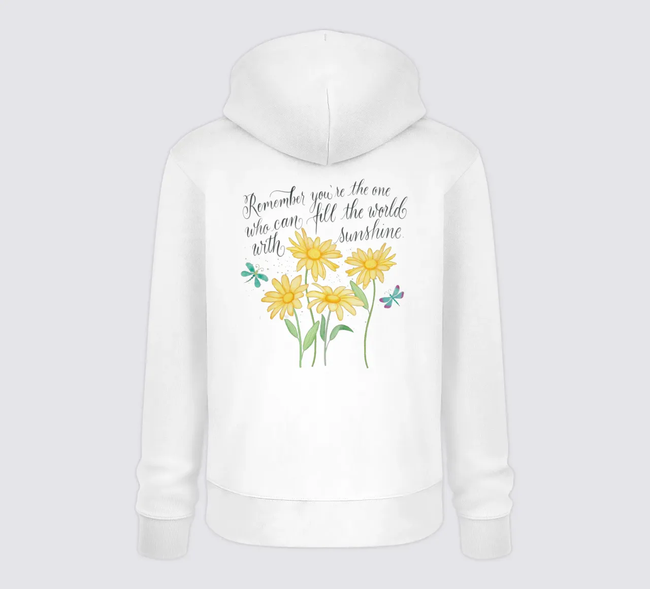 Flores delicadas con libélulas. Vibraciones positivas con rayos de sol. sudadera con capucha de CalliLetters