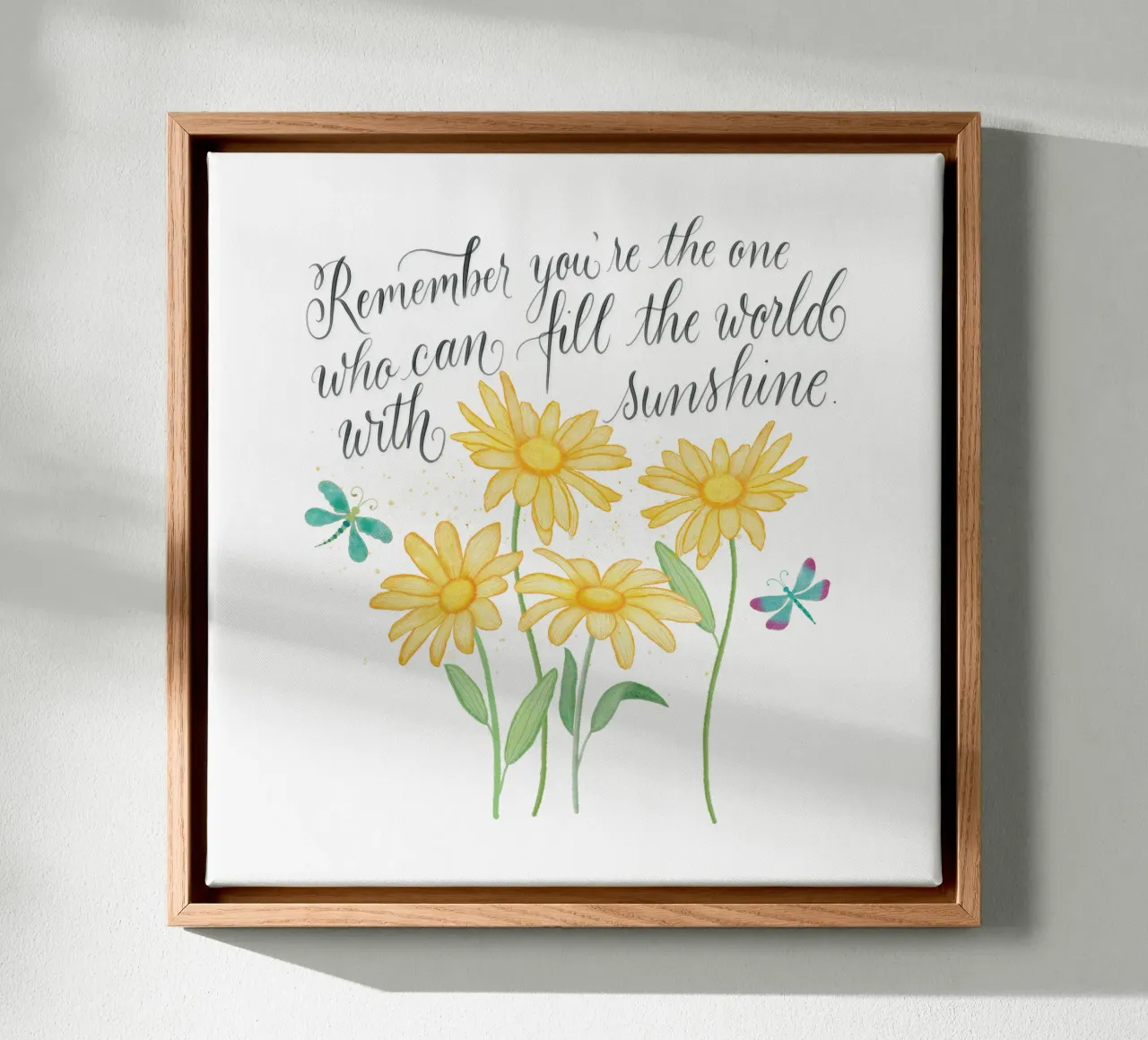 Fiori delicati con libellule. Vibrazioni positive con il sole. tela con Cornice a cassetta da CalliLetters
