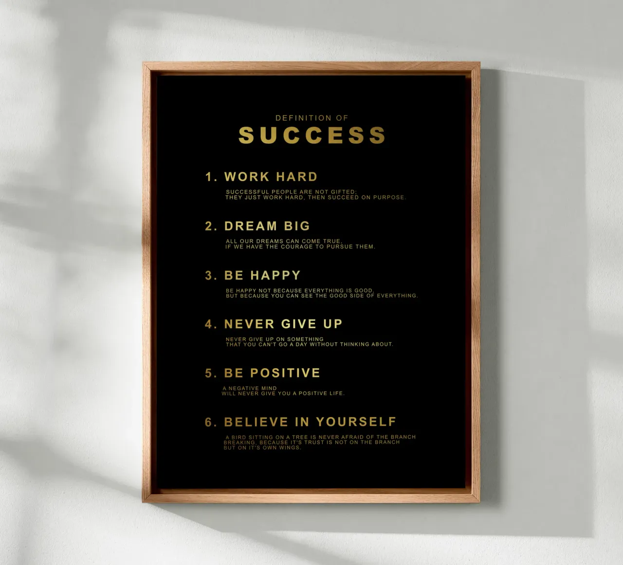 Definitie van succes: Hard werken. Droom Groot. Geef nooit op. canvas met Baklijst van Inspirify