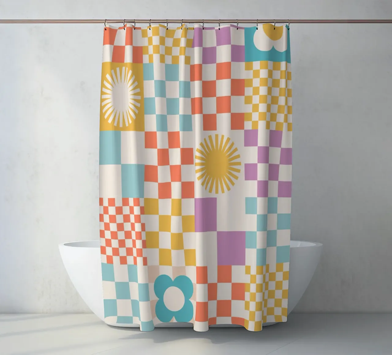 Retro Summer Checks & Blooms Pattern shower curtain by Dominique Vari Abstract