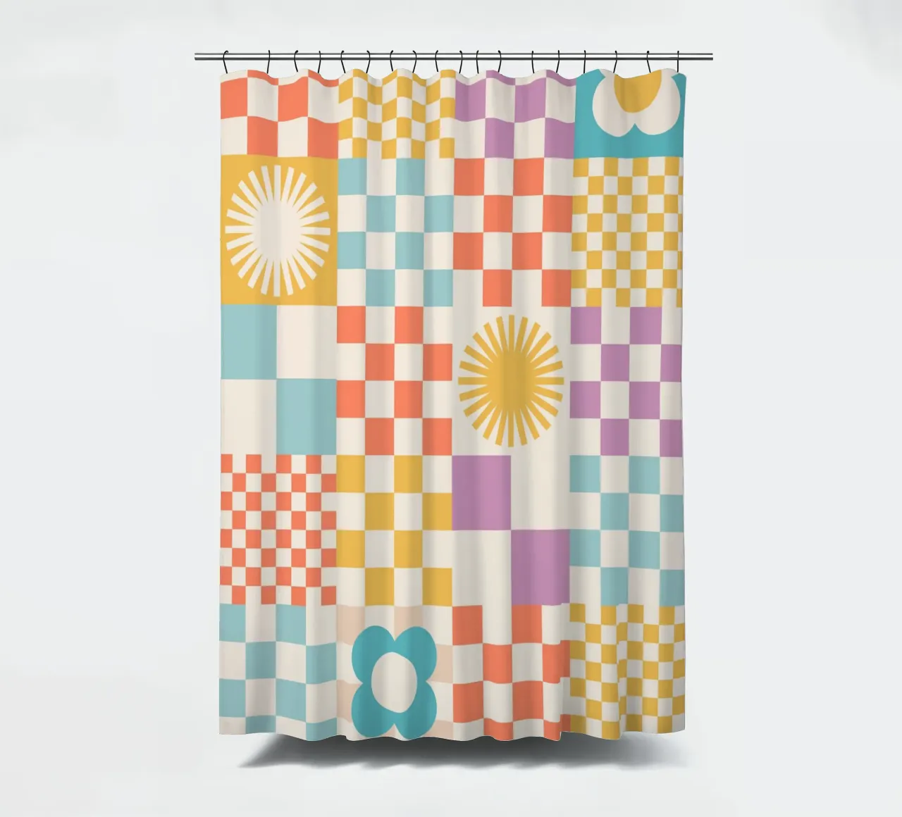 Retro Summer Checks & Blooms Pattern shower curtain by Dominique Vari Abstract