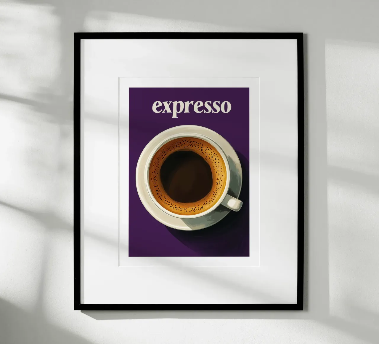 Espressokaffee auf violettem Hintergrund Poster mit Holzrahmen von Spice & Style