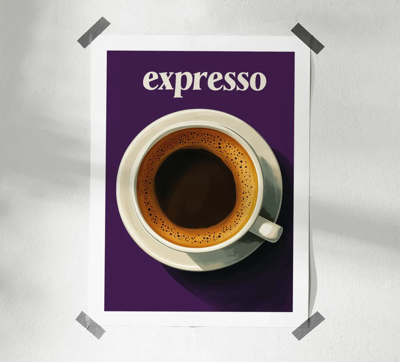 Espressokaffee auf violettem Hintergrund Poster mit Holzrahmen von Spice & Style