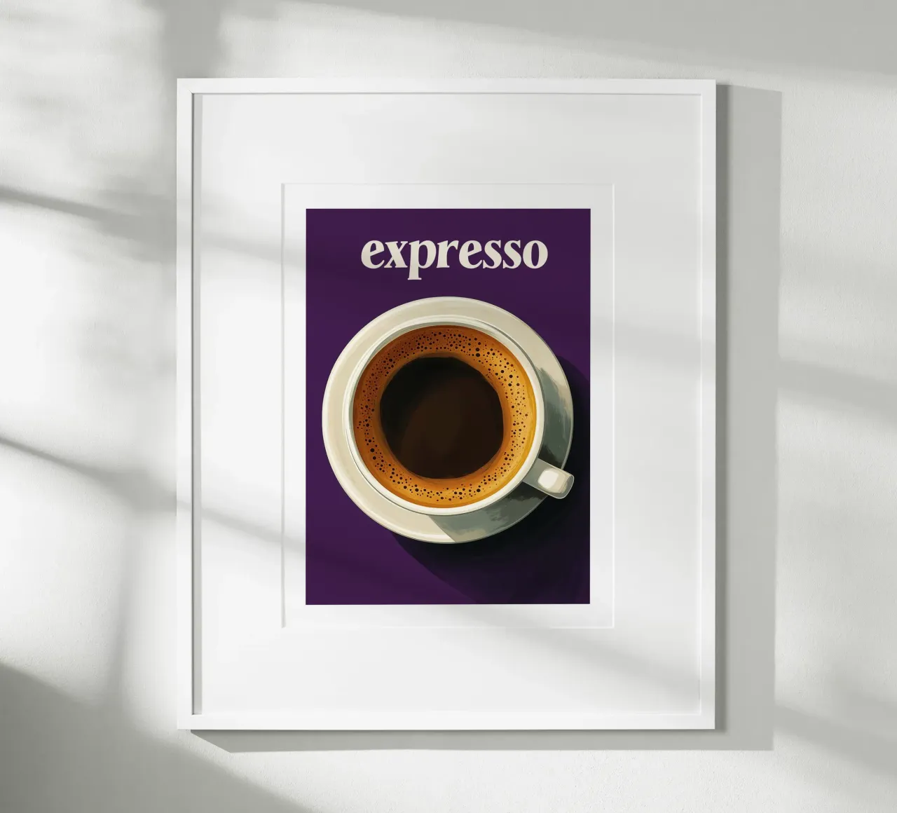 Espressokaffee auf violettem Hintergrund Poster mit Holzrahmen von Spice & Style