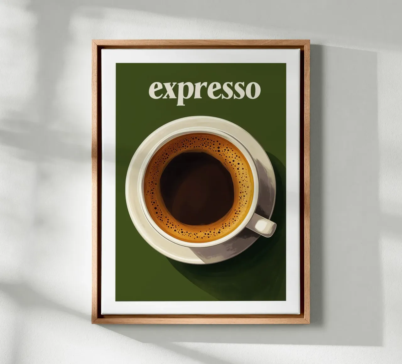 Espresso coffee on a khaki green background canvas with Floater frame by Spice & Style