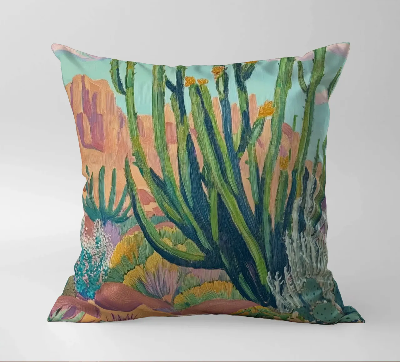 Vibrante paesaggio desertico con cactus cuscino da Melloi Art Print