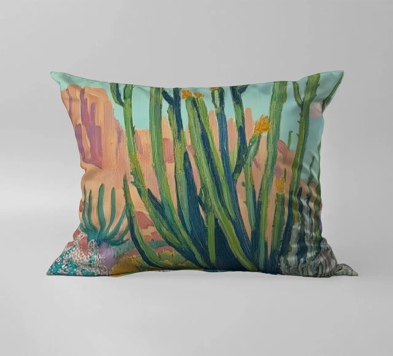 Vibrante paesaggio desertico con cactus cuscino da Melloi Art Print