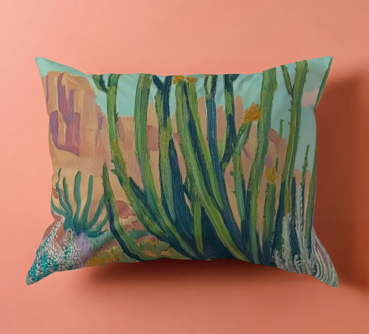 Vibrante paesaggio desertico con cactus cuscino da Melloi Art Print