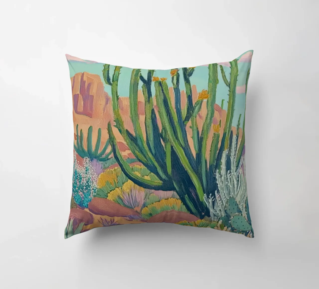 Vibrante paesaggio desertico con cactus cuscino da Melloi Art Print