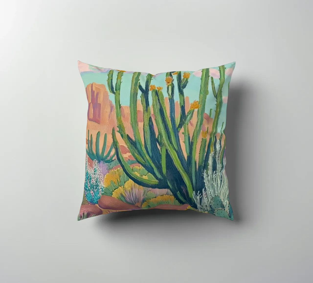 Vibrante paesaggio desertico con cactus cuscino da Melloi Art Print