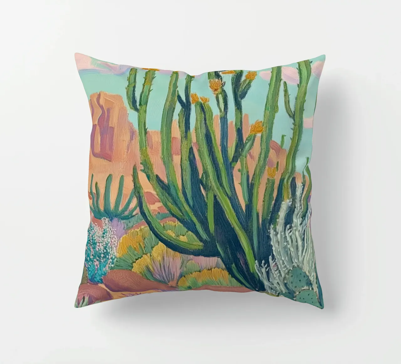 Vibrante paesaggio desertico con cactus cuscino da Melloi Art Print