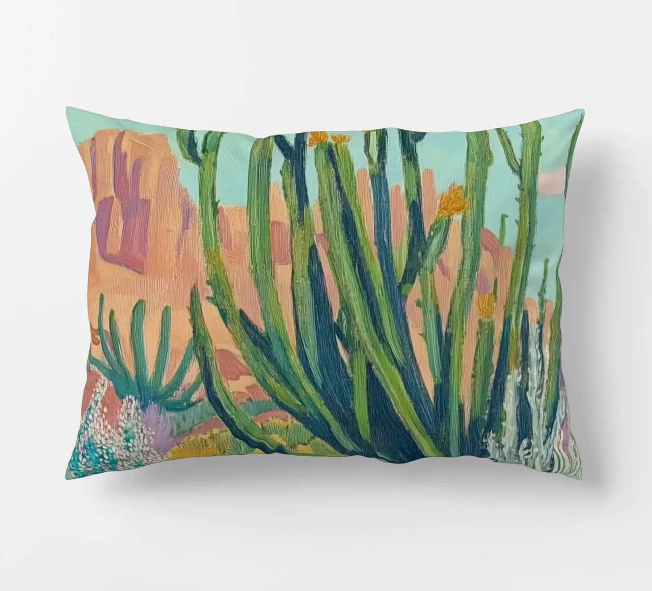 Vibrante paesaggio desertico con cactus cuscino da Melloi Art Print
