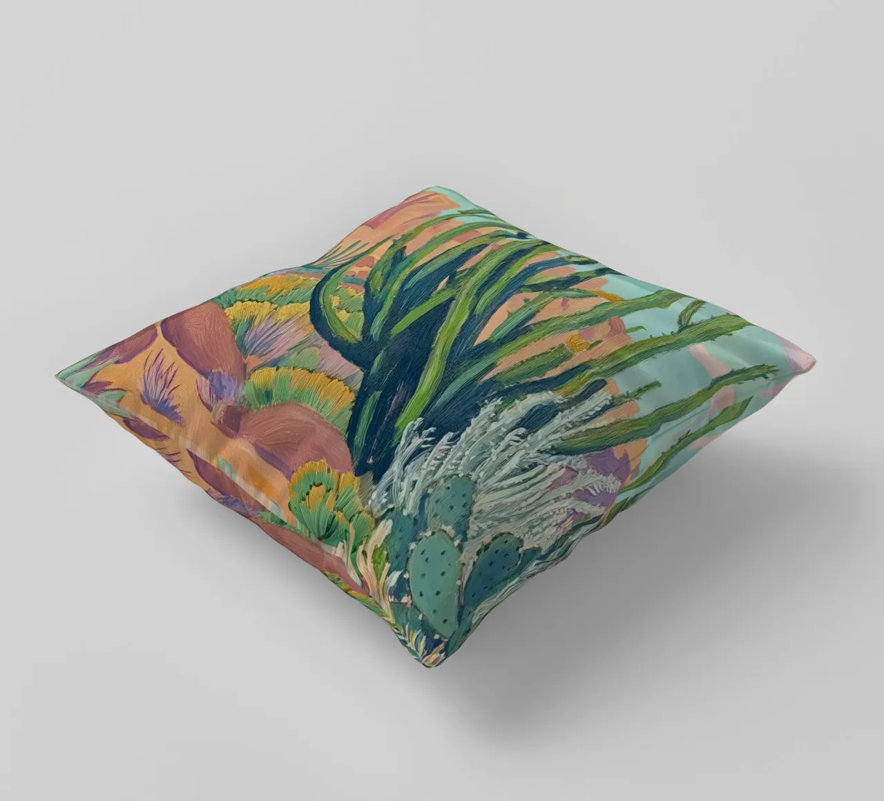 Vibrante paesaggio desertico con cactus cuscino da Melloi Art Print