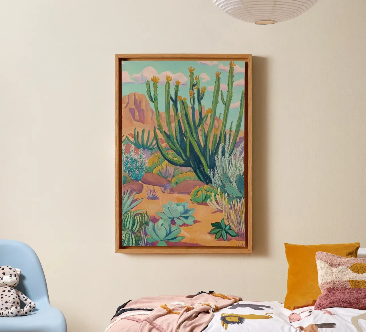 Levendig woestijnlandschap met cactussen canvas met Baklijst van Melloi Art Print