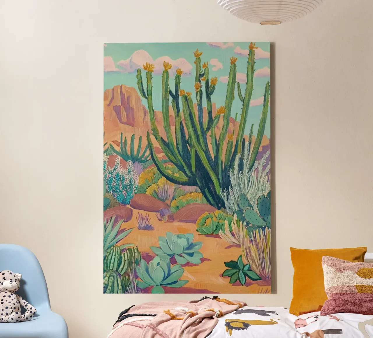 Levendig woestijnlandschap met cactussen canvas met Baklijst van Melloi Art Print
