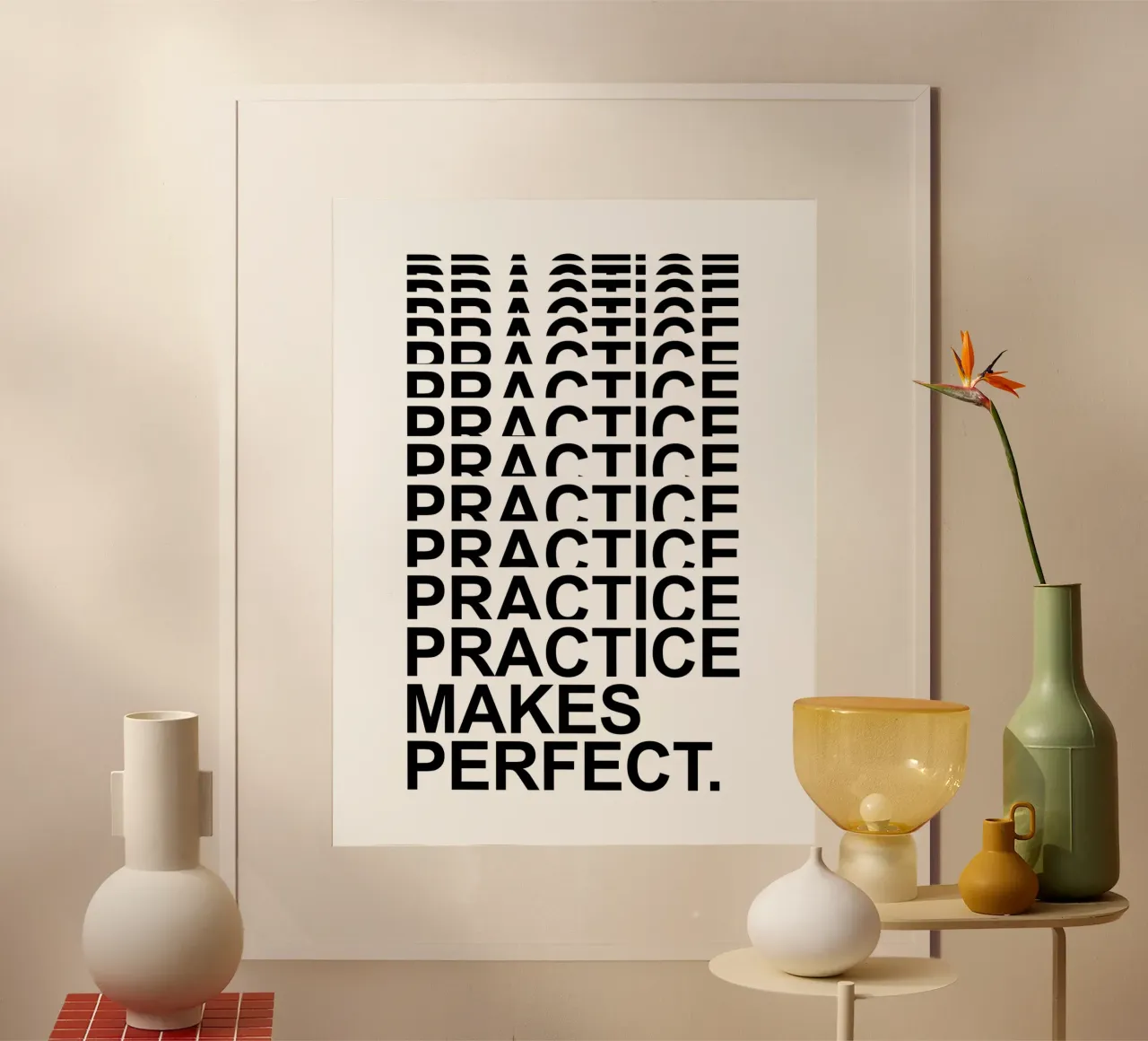 La pratica rende perfetti | Citazione motivazionale poster con telaio in alluminio da Inspirify
