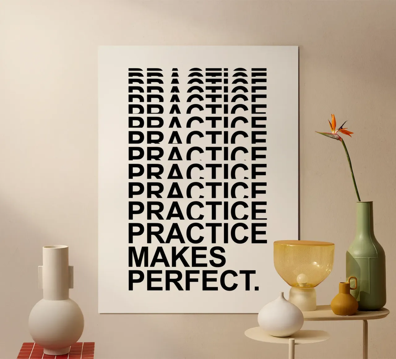La pratica rende perfetti | Citazione motivazionale poster con telaio in alluminio da Inspirify