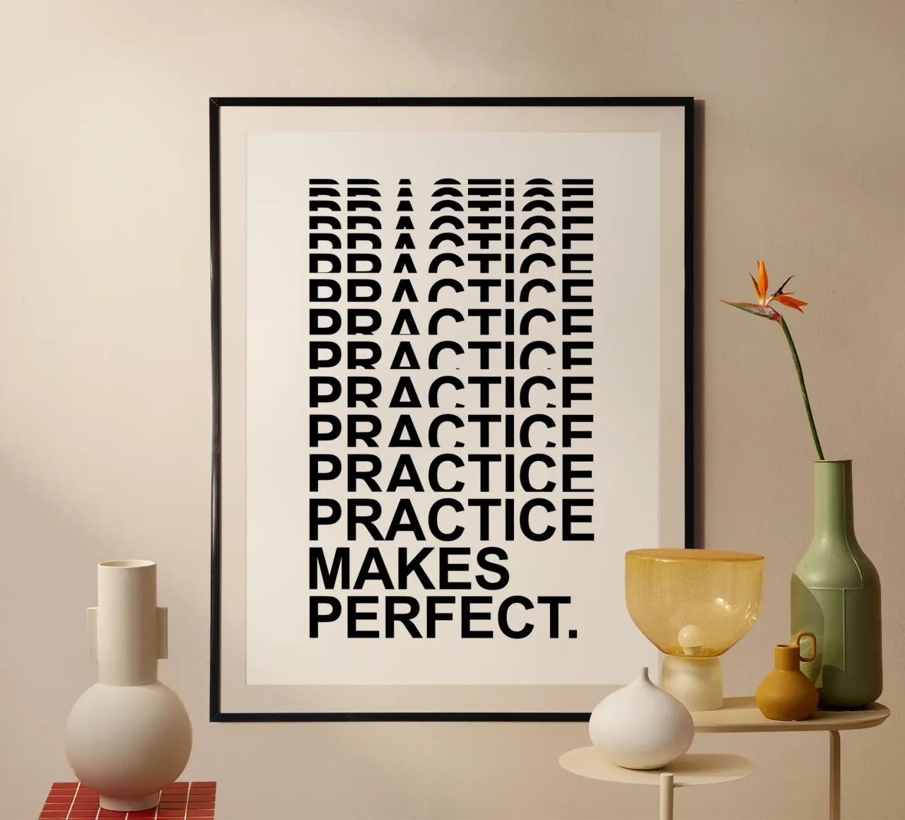 La pratica rende perfetti | Citazione motivazionale poster con telaio in alluminio da Inspirify