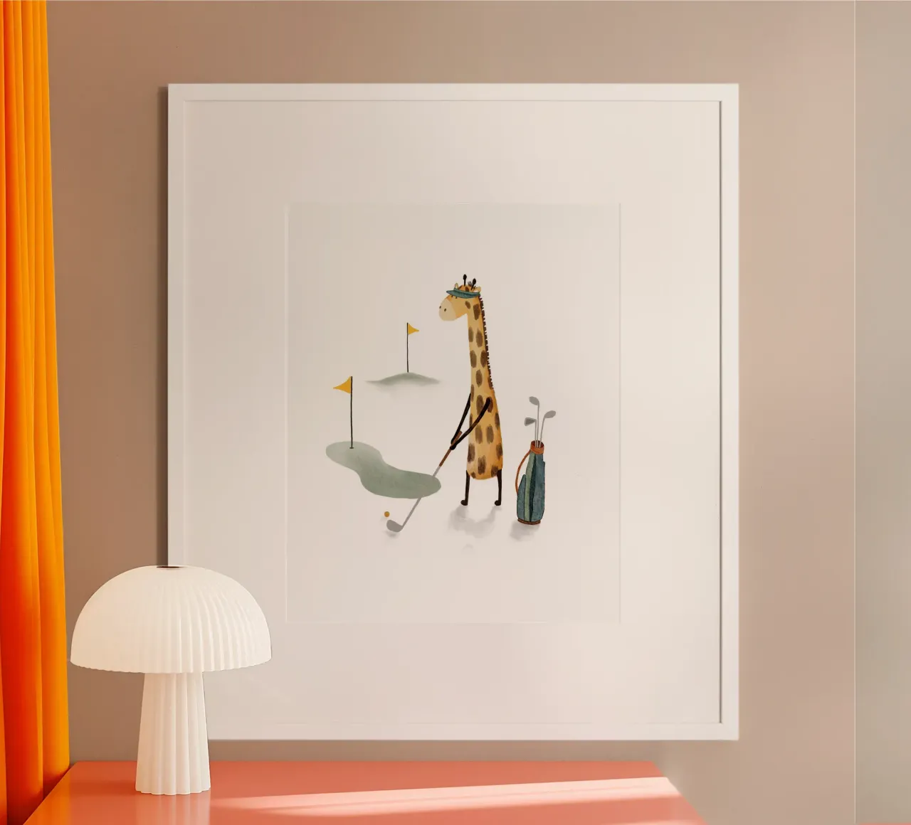 Stampa d'arte per la cameretta della giraffa che gioca a golf poster da Urchin Bay Art