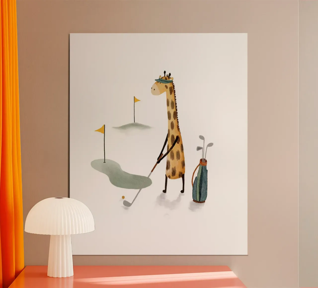 Stampa d'arte per la cameretta della giraffa che gioca a golf poster da Urchin Bay Art