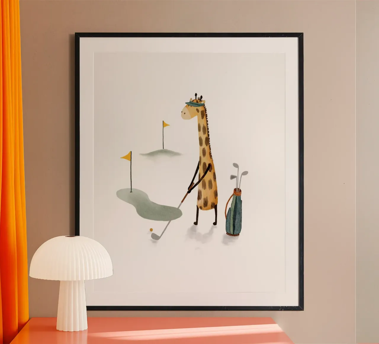 Stampa d'arte per la cameretta della giraffa che gioca a golf poster da Urchin Bay Art