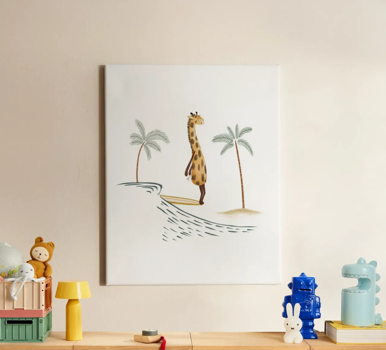 Whimsical Surfing Giraffe Illustration for Kids Spaces canvas with Floater frame by Urchin Bay Art