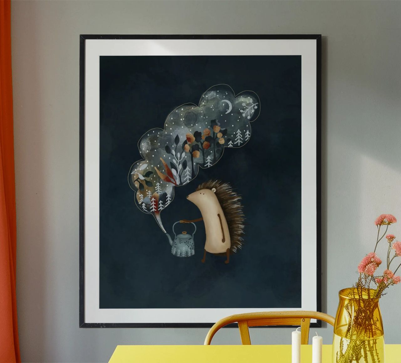 Illustration de l'heure du thé en forme de hérisson pour les espaces douillets poster de Urchin Bay Art