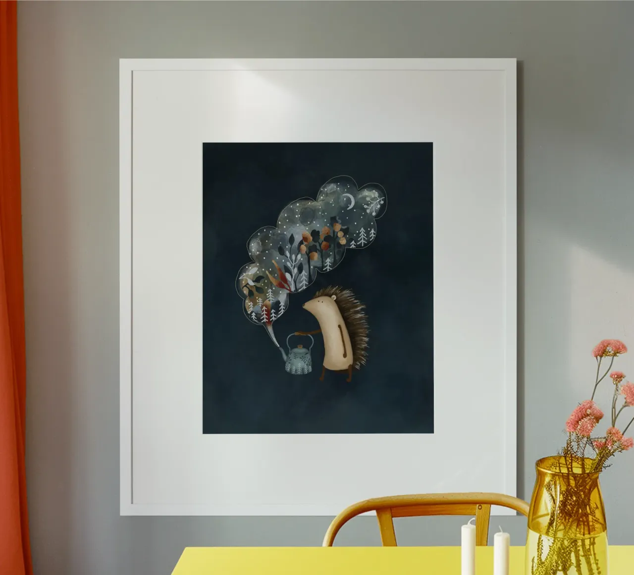 Incantevole illustrazione dell'ora del tè con riccio per spazi accoglienti poster con telaio in legno da Urchin Bay Art