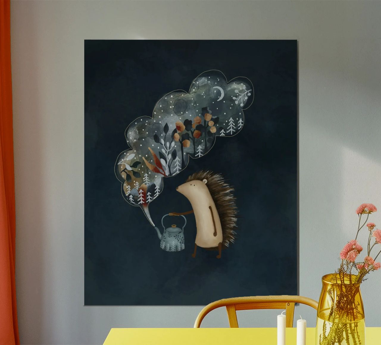 Illustration de l'heure du thé en forme de hérisson pour les espaces douillets poster de Urchin Bay Art