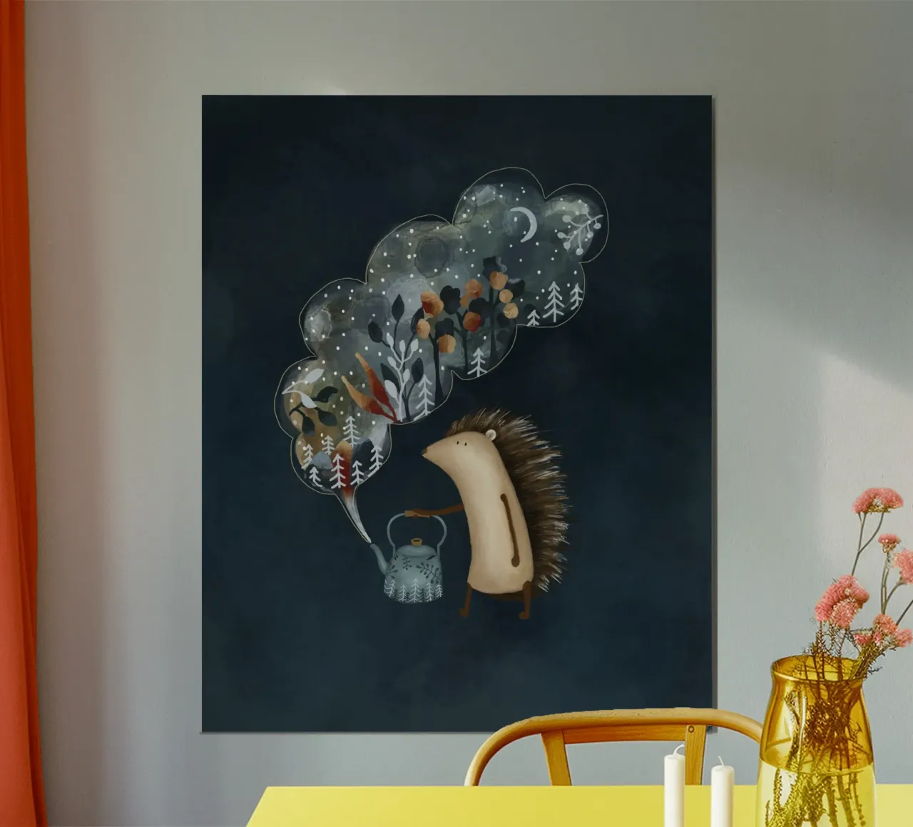 Incantevole illustrazione dell'ora del tè con riccio per spazi accoglienti poster con telaio in legno da Urchin Bay Art