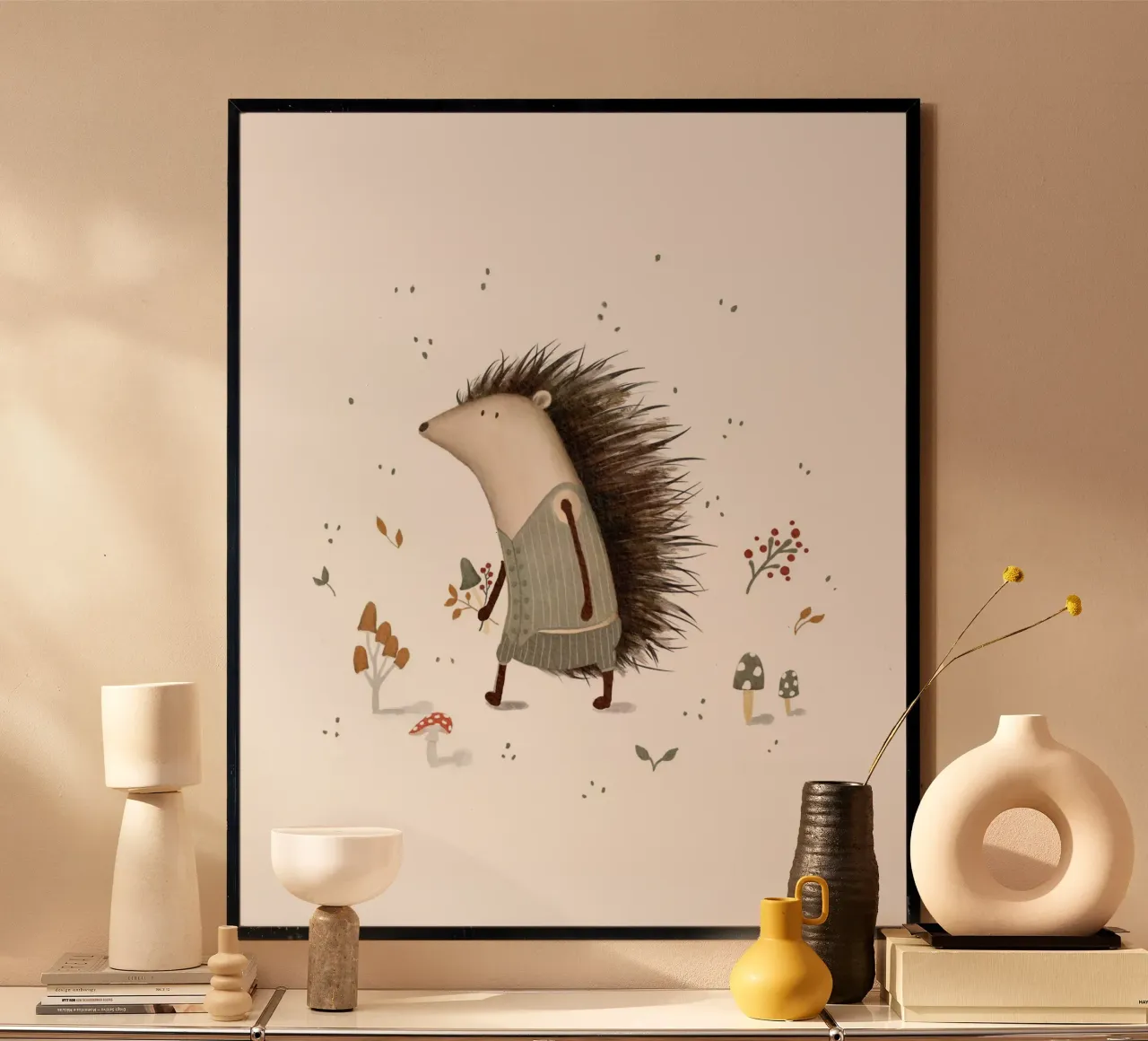 Arte del riccio del bosco per gli amanti della natura poster con telaio in alluminio da Urchin Bay Art