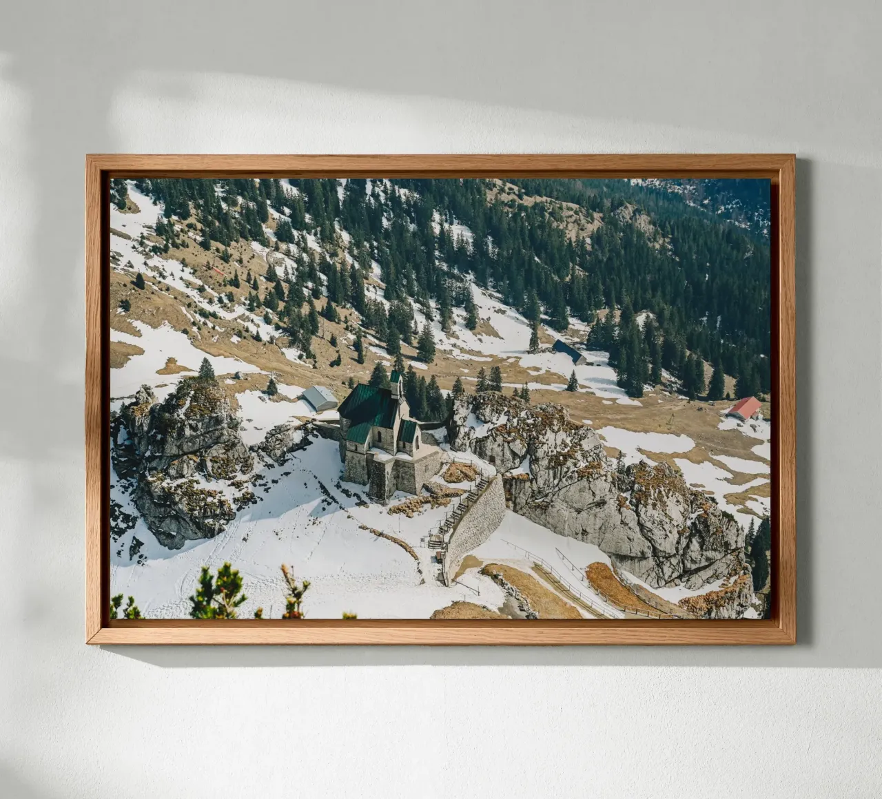 Church in the mountains - view in the German Alps canvas with Floater frame by Bold and Retro