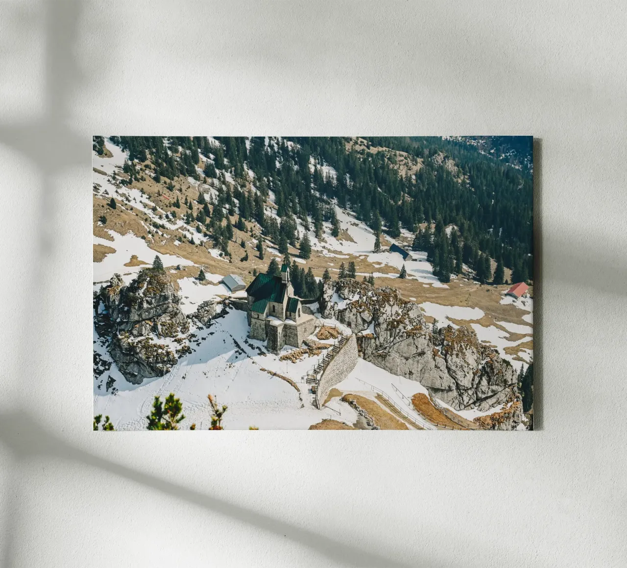 Church in the mountains - view in the German Alps canvas with Floater frame by Bold and Retro
